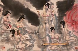 Xiao Shi Fu, late 20th century, painting on paper nude female musicians, two seal marks,The artist