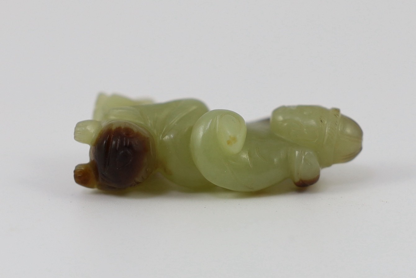 A Chinese yellow and brown jade figure of a man seated on a creature, 19th century, the greenish - Image 5 of 8