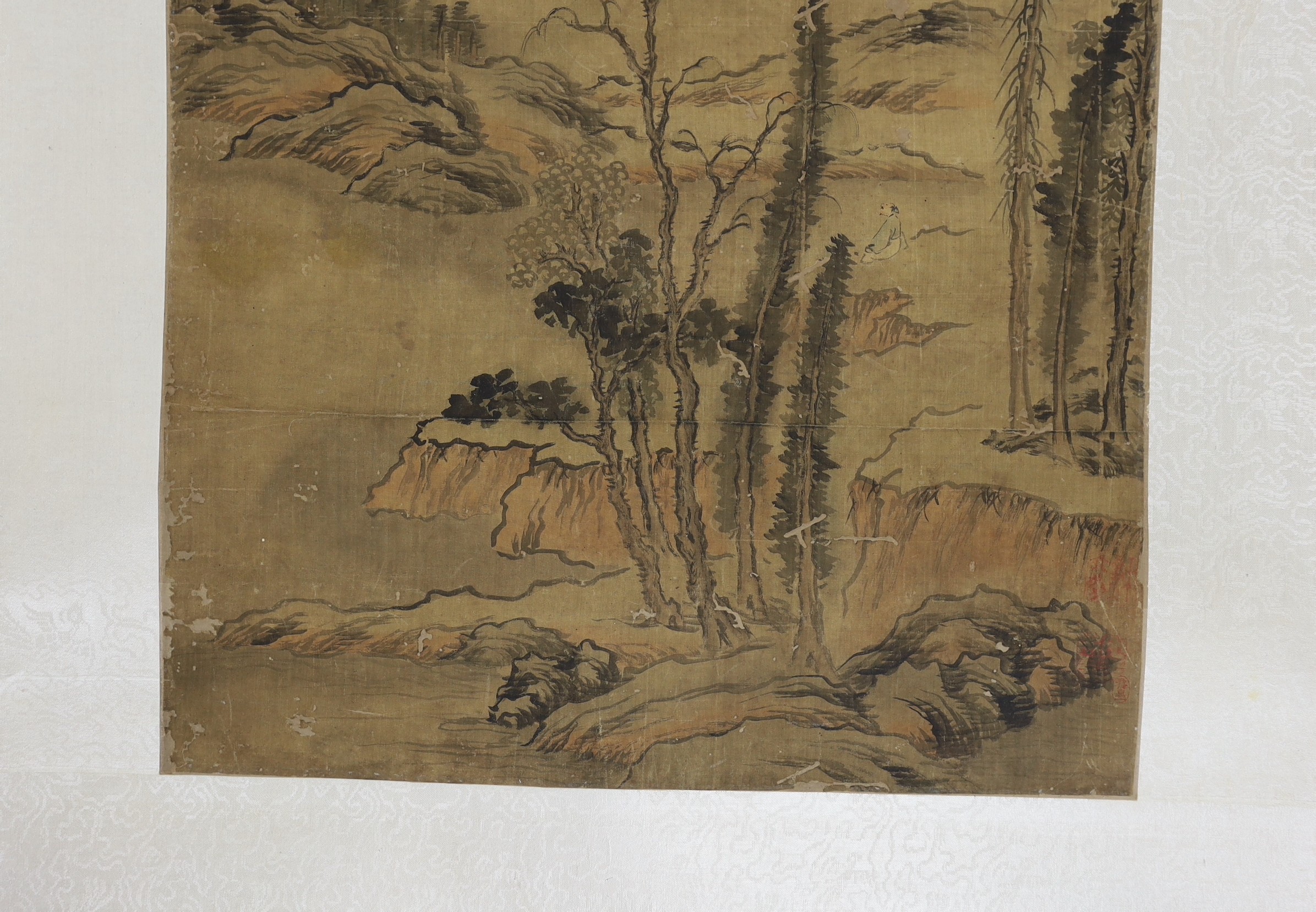 A Chinese scroll painting on silk of a sage in a mountainous river landscape, 18th/19th century, - Image 4 of 6