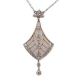 An early to mid 20th century pierced platinum, gold and millegrain set diamond cluster drop pendant,