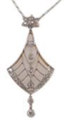 An early to mid 20th century pierced platinum, gold and millegrain set diamond cluster drop pendant,