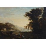 Late 18th century English School Italianate landscape with figures loading barrels into a boatoil on