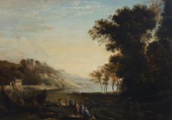 Late 18th century English School Italianate landscape with figures loading barrels into a boatoil on
