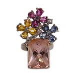 A large modern 14k white gold, morganite, four colour sapphire (including colourless) and diamond