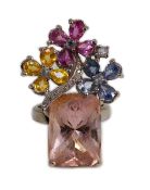 A large modern 14k white gold, morganite, four colour sapphire (including colourless) and diamond