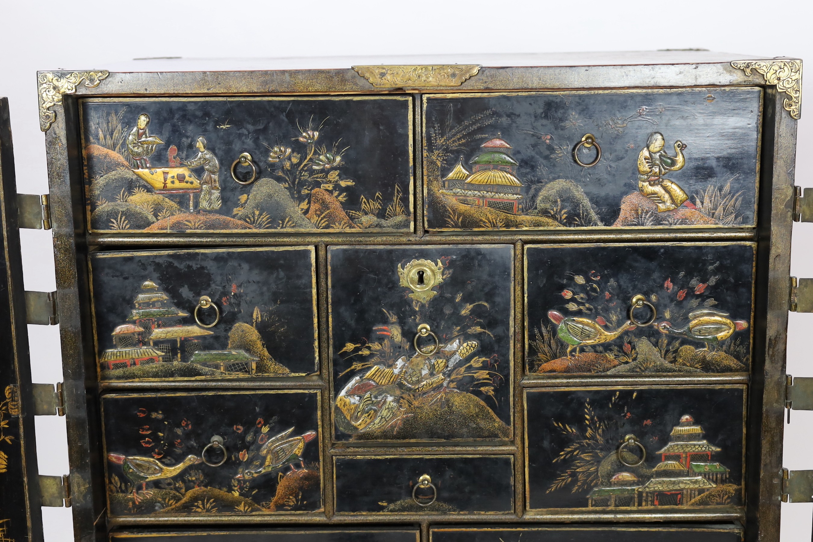 A William & Mary black japanned cabinet on stand, the two door cabinet with original gilt brass - Image 6 of 8