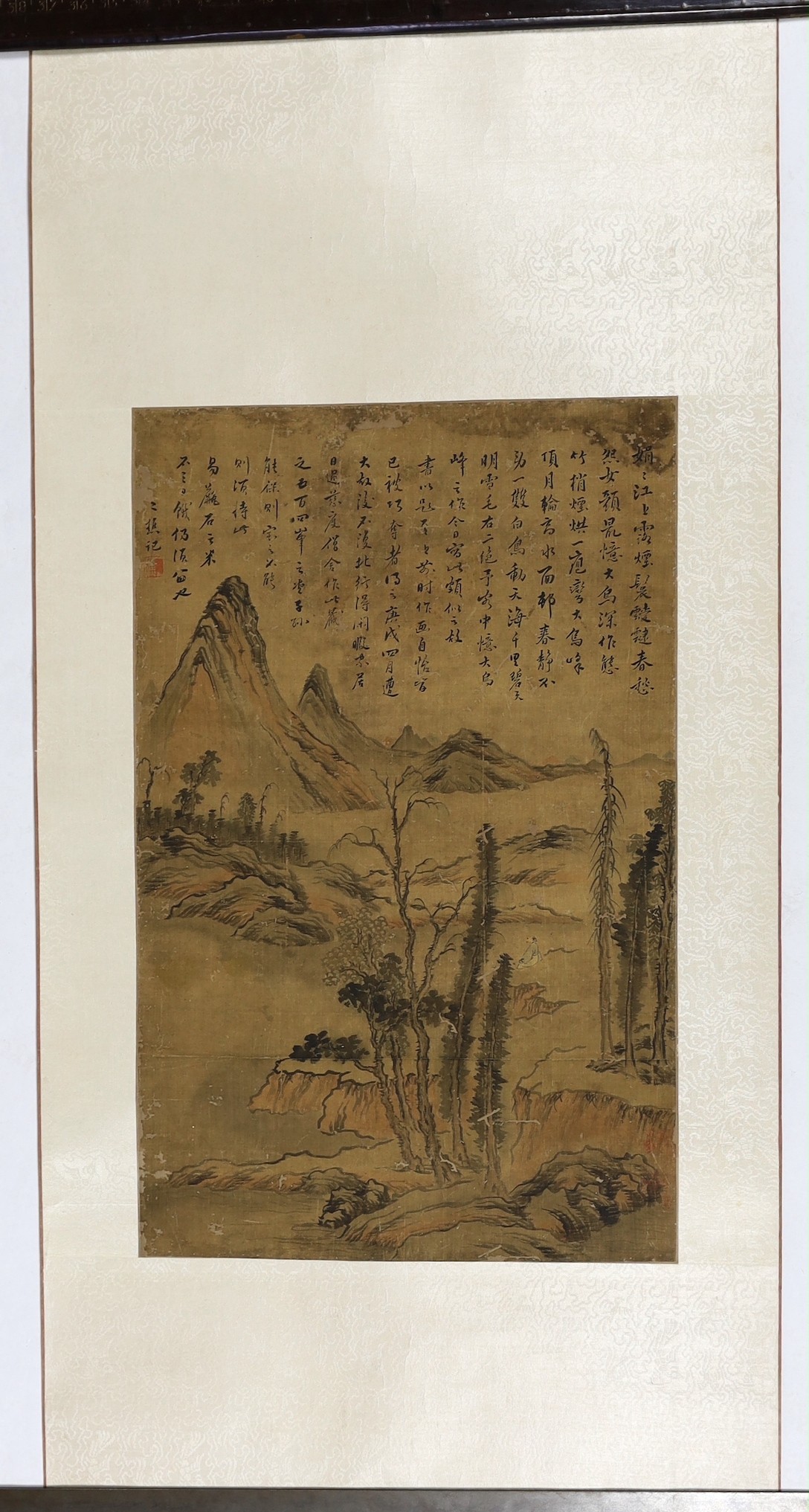 A Chinese scroll painting on silk of a sage in a mountainous river landscape, 18th/19th century, - Image 2 of 6