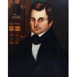 19th century American School Portrait of Charles Burgess, seated beside a copy of bells anatomy