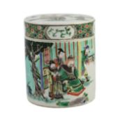 A Chinese famille verte cylindrical jar and cover, 19th century, painted with an emperor and