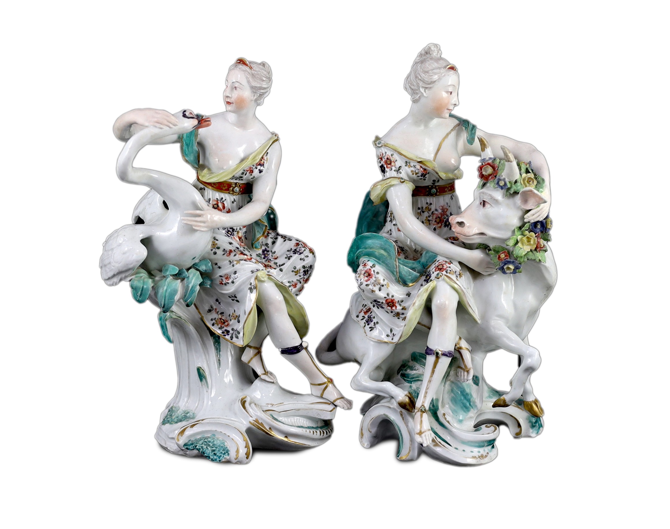 A rare pair of Derby figures of Leda and the Swan and Europa and the Bull, c.1765, patch marks, 16.