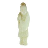 A Chinese pale celadon jade figure of a lady, possibly He Xiangu, 19th century, the carver skilfully