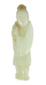 A Chinese pale celadon jade figure of a lady, possibly He Xiangu, 19th century, the carver skilfully