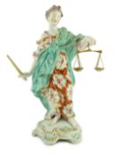 A large Derby figure of Justice, c.1775, standing and holding a sword in her right hand and scales