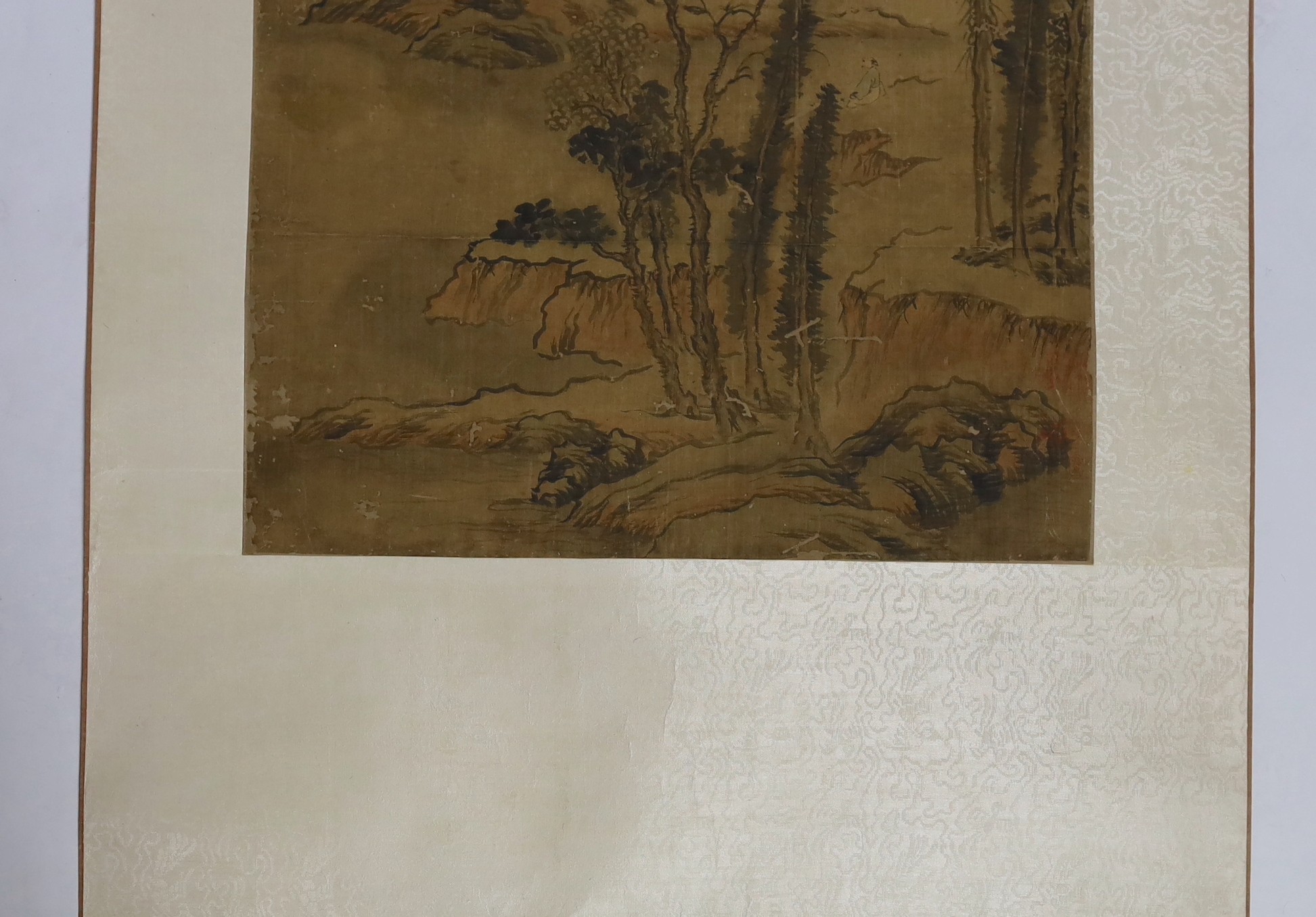 A Chinese scroll painting on silk of a sage in a mountainous river landscape, 18th/19th century, - Image 3 of 6
