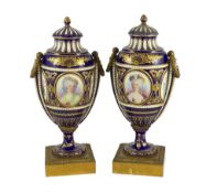 A pair of English porcelain Sevres style ormolu mounted vases and covers, mid 19th century, each