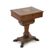 An early 19th century Irish Killarney arbutus work table, the marquetry top inlaid with a view of