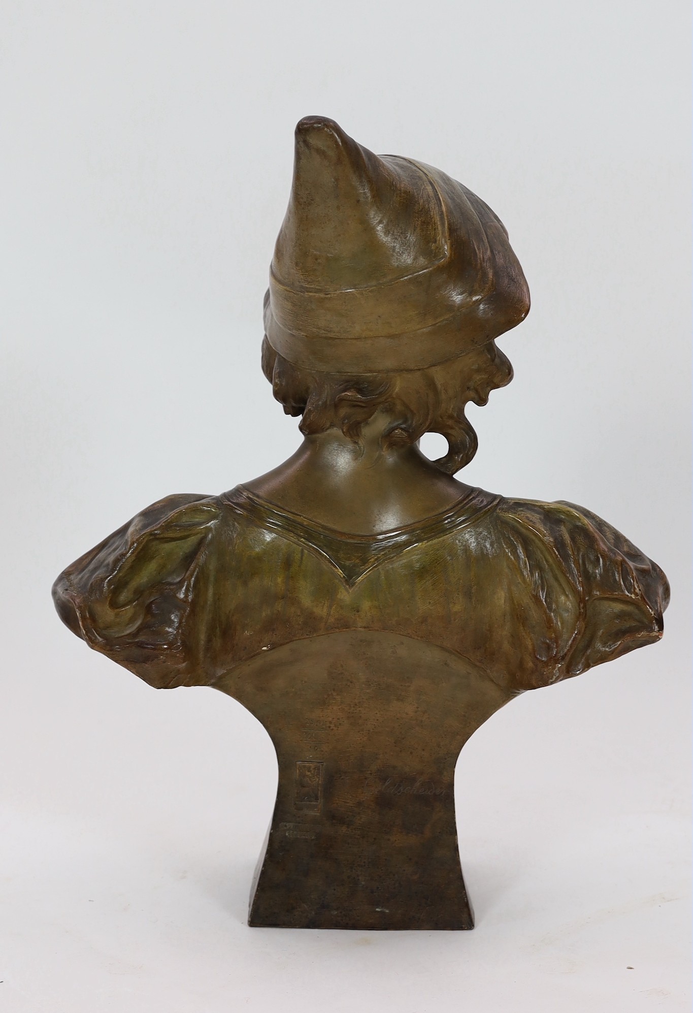 An Art Nouveau Goldscheider cold-painted terracotta bust of Cleo De Merod, signed Montenave, applied - Image 3 of 4