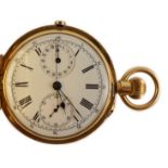 An early 20th century Swiss 18ct gold hunter keyless chronograph pocket watch, the Roman dial with