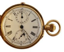 An early 20th century Swiss 18ct gold hunter keyless chronograph pocket watch, the Roman dial with