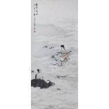 A Chinese scroll painting on paper of a female immortal and a male immortal riding a Buffalo amid