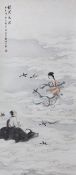 A Chinese scroll painting on paper of a female immortal and a male immortal riding a Buffalo amid