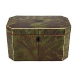A George III green stained tortoiseshell and ivory octagonal tea caddy, of plain form, fitted with