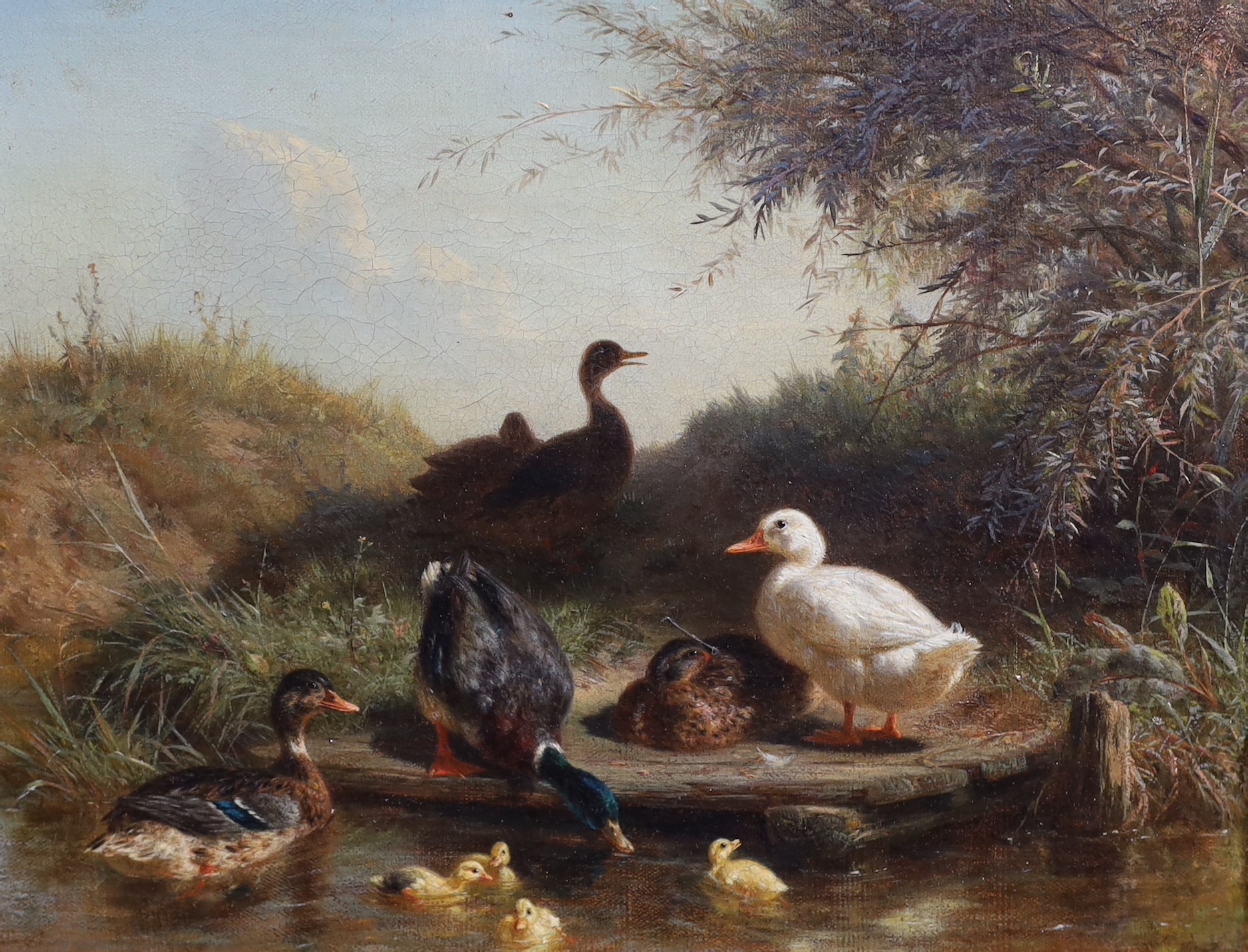 Carl Jutz (German, 1838-1916) Chickens in a field & Ducks beside a streampair of oils on - Bild 4 aus 6