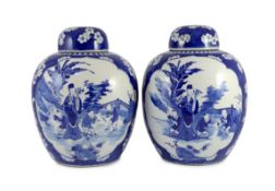 A pair of large Chinese blue and white jars and covers, 19th century, painted to each side with a