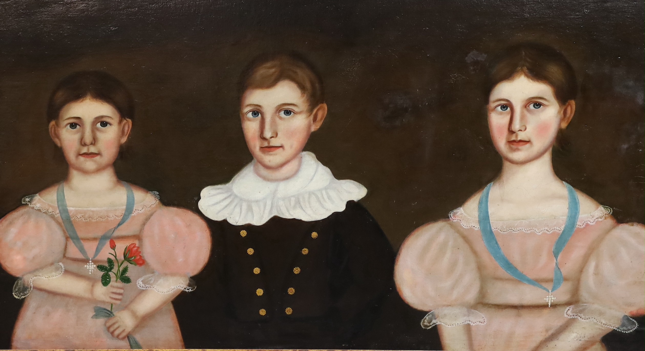American Primitive School Portrait of three children of the Burgess familyoil on canvas laid on