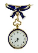 An early 20th century continental gold, diamond chip and blue enamel set open faced fob watch, on