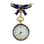 An early 20th century continental gold, diamond chip and blue enamel set open faced fob watch, on