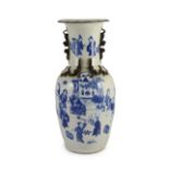 A large Chinese blue and white crackle glaze baluster vase, 19th century, painted with an emperor
