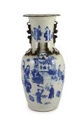 A large Chinese blue and white crackle glaze baluster vase, 19th century, painted with an emperor