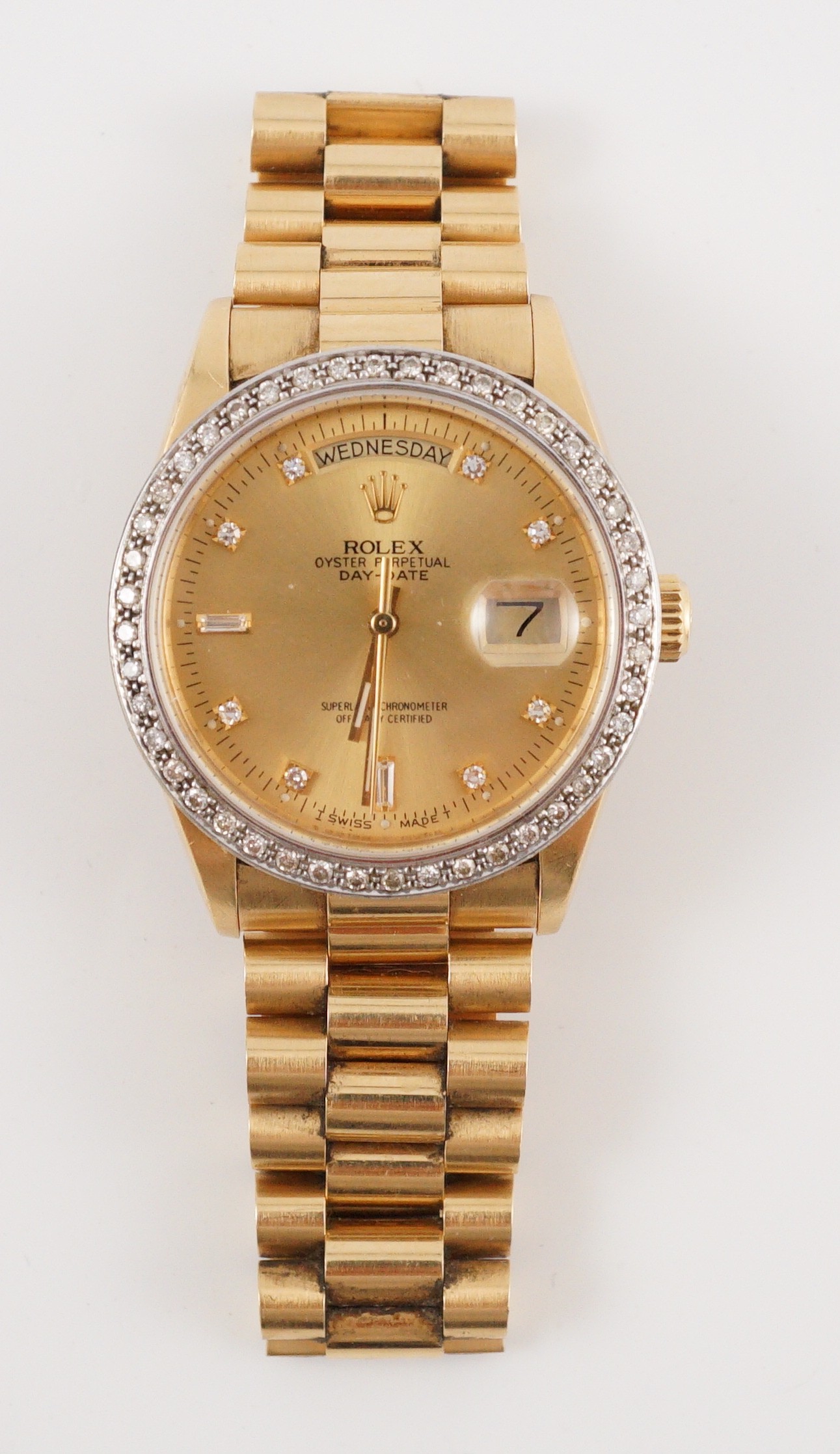 A gentleman's 1980's 18ct gold and diamond set Rolex Oyster Perpetual Day-Date wrist watch, with - Bild 3 aus 8