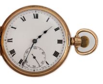 A George V 9ct gold keyless lever half hunter pocket watch, with Roman dial and subsidiary