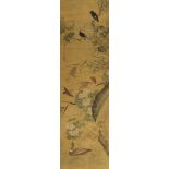 A Chinese scroll painting on silk of birds, rockwork and plants overhanging a pond, 19th century,