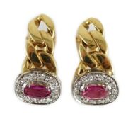 A pair of modern Italian 750 yellow metal curblink, pink sapphire and diamond chip set oval