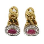 A pair of modern Italian 750 yellow metal curblink, pink sapphire and diamond chip set oval