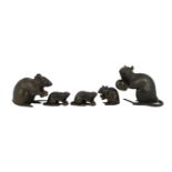 An assembled group of five Japanese bronze and mixed metal models of rats, Meiji period, each rat