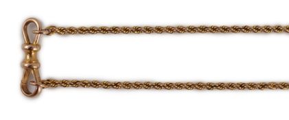 An early 20th century 15ct gold rope twist guard chain, 146cm, 33.5 grams.**CONDITION REPORT**