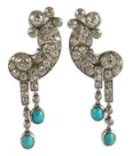 A pair of white gold, diamond and turquoise cluster set scroll drop ear clips, 42mm, gross weight