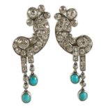A pair of white gold, diamond and turquoise cluster set scroll drop ear clips, 42mm, gross weight