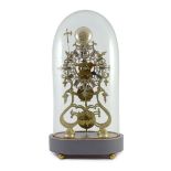 A Victorian brass skeleton timepiece, with silvered Roman dial, painted plinth and glass dome,