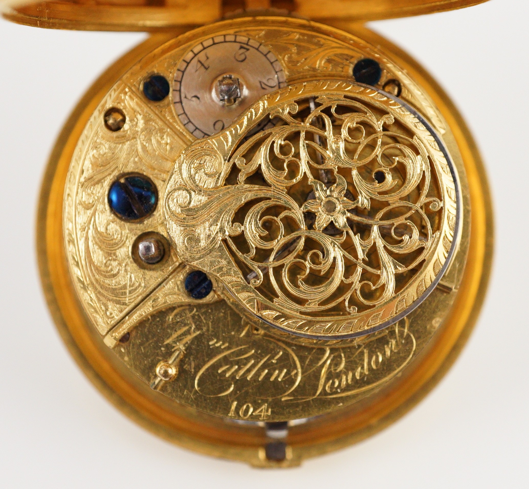 A mid 18th century gilt metal and tortoiseshell pair cased keywind verge pocket watch by Catlin, - Image 6 of 7