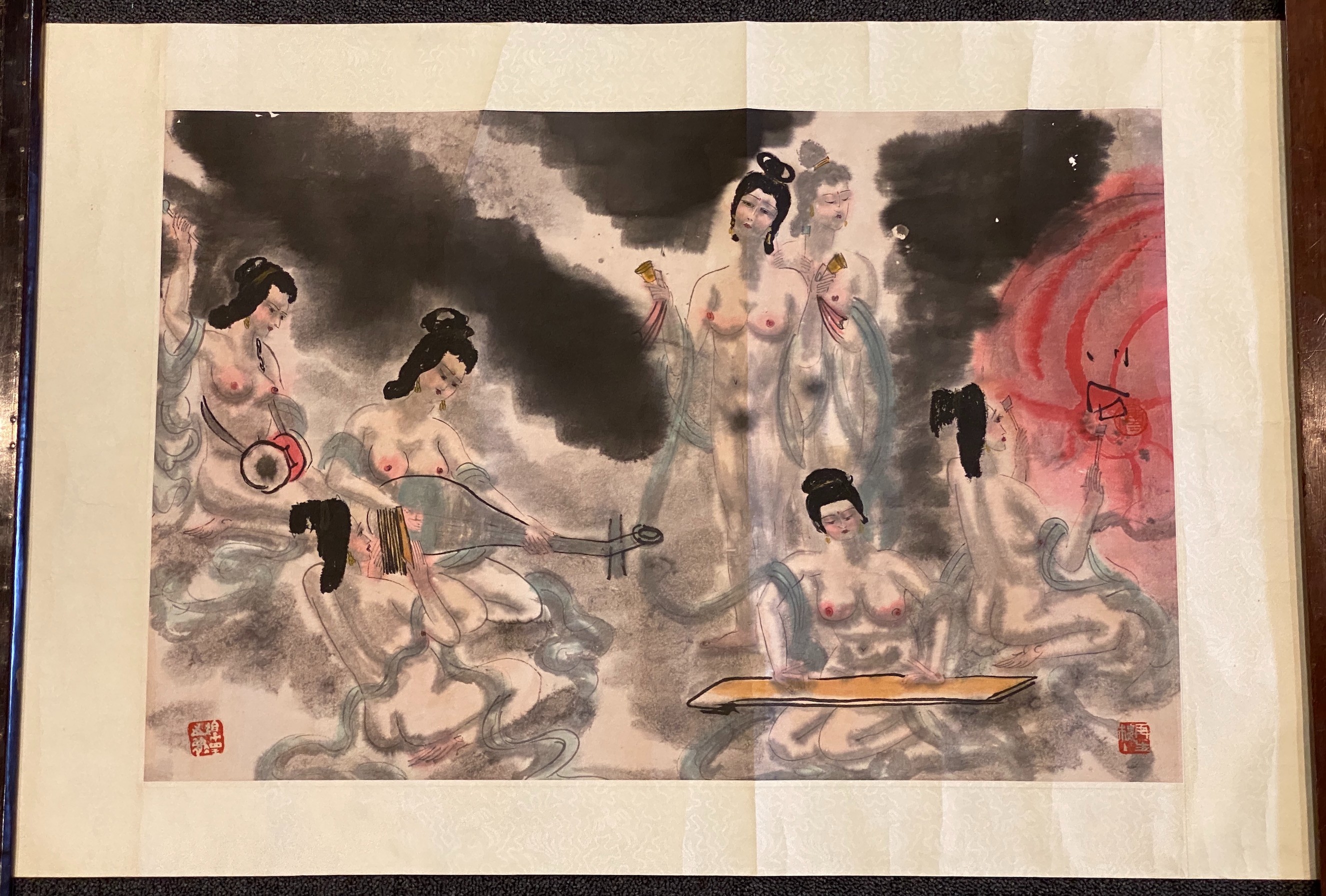 Xiao Shi Fu, late 20th century, painting on paper nude female musicians, two seal marks,The artist - Image 2 of 2