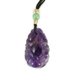 A Chinese amethyst pendant, 19th/20th century, carved in relief with peaches and leaves, 4.2cm**