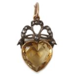 A Victorian gold and silver, rose cut diamond and heart shaped citrine set pendant, 26mm, gross