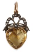A Victorian gold and silver, rose cut diamond and heart shaped citrine set pendant, 26mm, gross