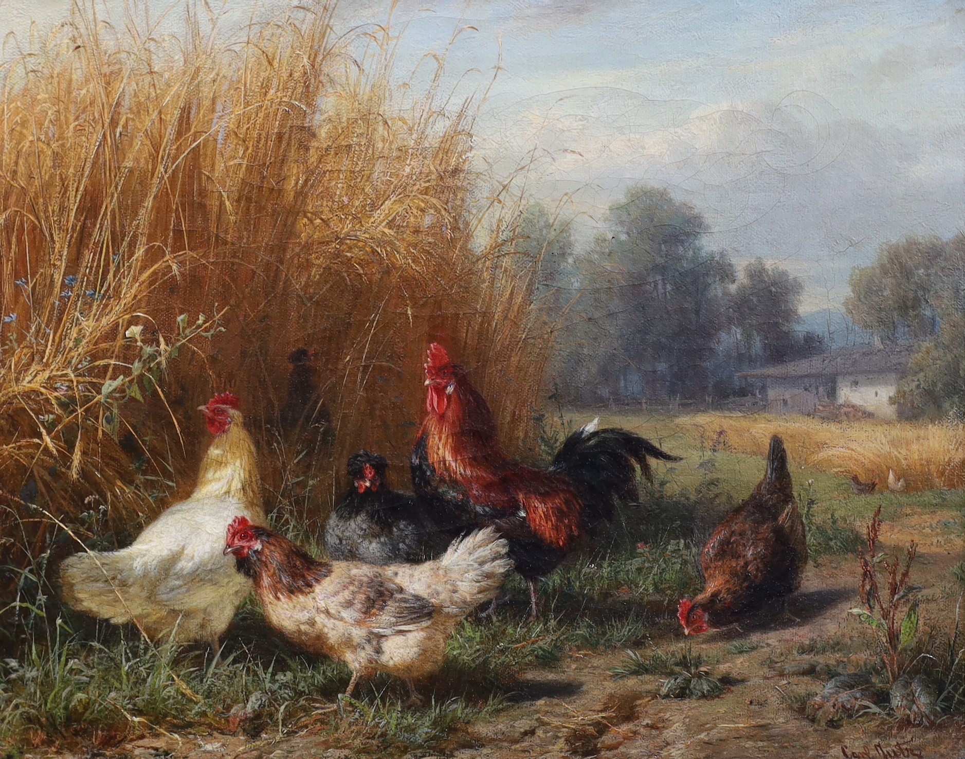 Carl Jutz (German, 1838-1916) Chickens in a field & Ducks beside a streampair of oils on - Bild 3 aus 6