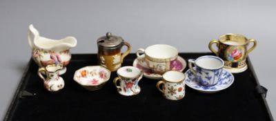 Miniatures: A Spode type Hydra jug and basin painted with flowers, a Crown Staffordshire two handled